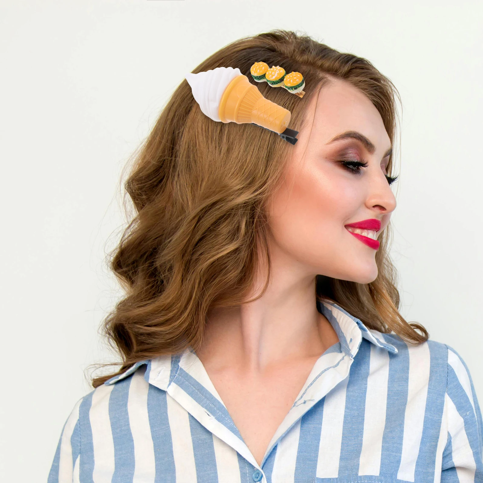 

2pcs Realistic Food Clips Hamburger Ice Cream Cone Style Funny Hair Accessories Humorous Hairstyle Secure Hold Mini Hair
