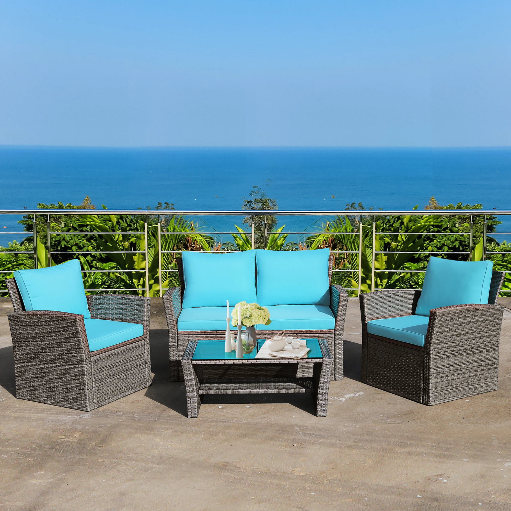 4PCS Patio Rattan Furniture Set Sofa Table W/Storage Shelf Turquoise