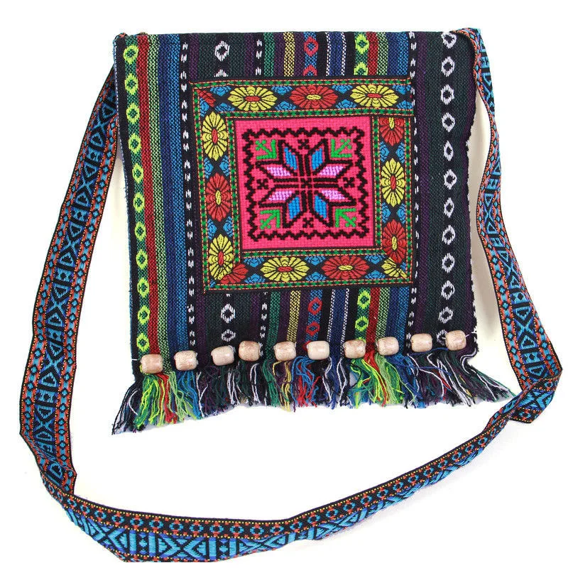 Lawaia Crossbody Bag Southeast Asia Pattern Linen 25cm 1pc Tassels Tribe Embroidery Bead Handmade Bag Random National style