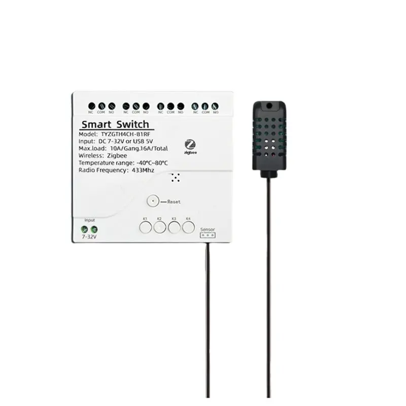 AB34-Tuya Zigbee 4 Channel Smart Switch Module Temperature Humidity Detection DC 7-32V Sensor Passive Dry Contact EU Plug