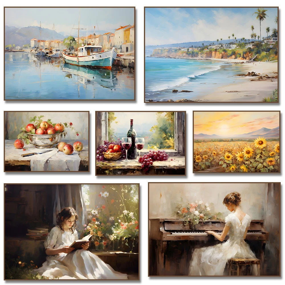 Póster con estampado de aguacate, manzanas, naturaleza muerta, chica jugando al Piano, mujer, lectura de vino y uvas, barco costero, pintura en lienzo, decoración del hogar