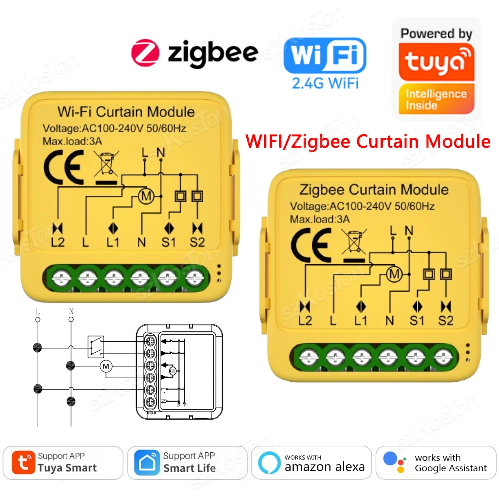 Zigbee Inteligente Módulo Interruptor Cortina, controlador do motor do obturador do rolo, Smart Life App, funciona com Alexa, Google Home, Tuya, Wi-Fi