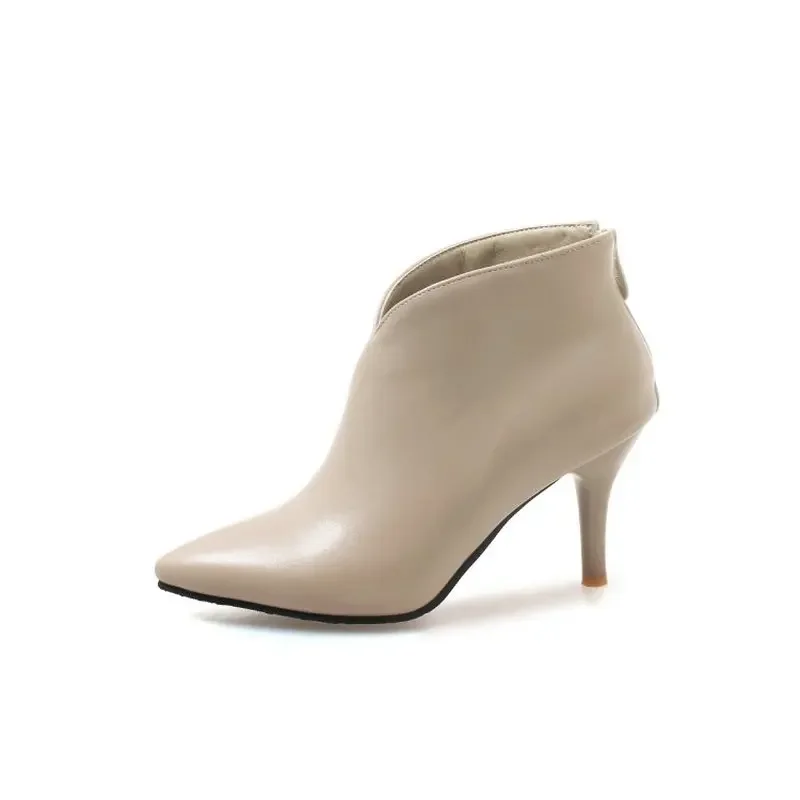ZawsThia Autumn Winter V Cut Women Boots Solid European Ladies shoes riding booties PU Leather ankle short boots Thin High Heels