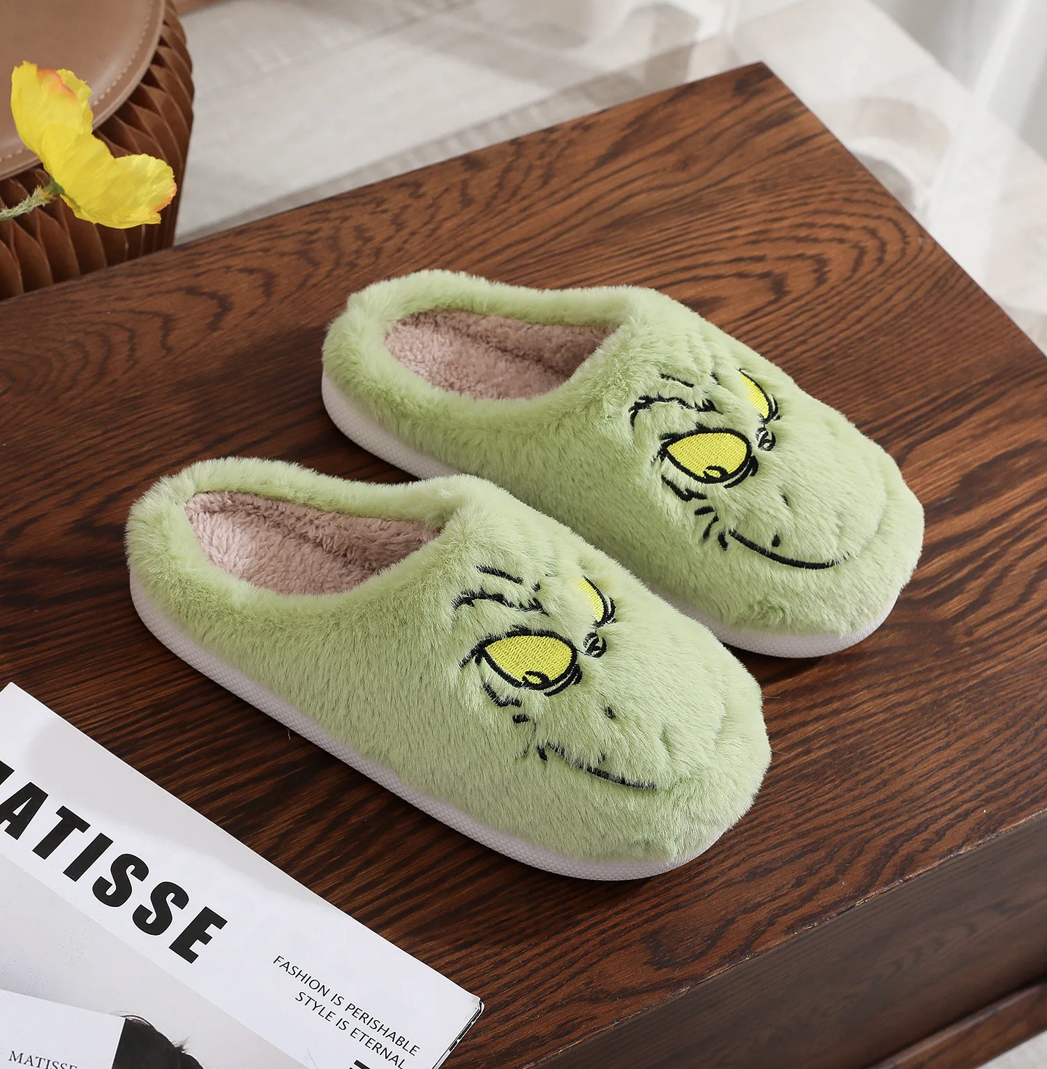 WinteNew  Cartoon Green Monsters Warm Fur Women Men Slippers High Home Cover Lovers Plush Shoes Solid Slip-on EVA Ladies Fluffy