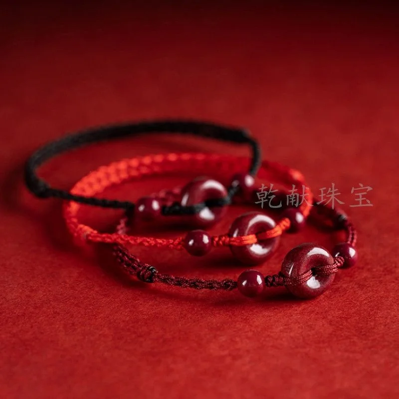 Pure Natural Cinnabar Beads Handmade Rabbit Benmingnian Red Rope Bracelet Safe Buckle Bracelet Anklet Girl Jewelry