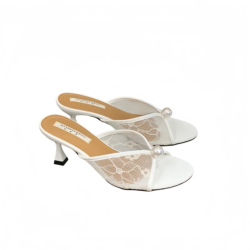 

White Sandals Summer Lace High Heels Slippers Big Pearl Shoes Woman 6cm Low Heels Slippers Black Sandales Femmes 2026