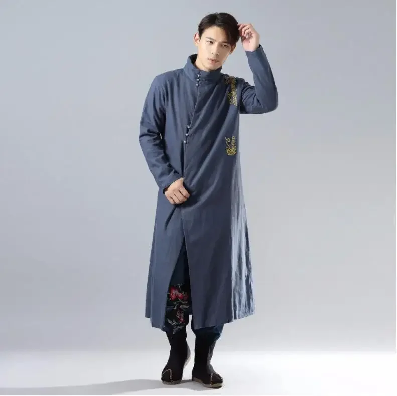 

Chinese Linen Cotton chinese long gown winter men's cotton ramie chenille Long robe silver buckle gold embroidered Large lammy