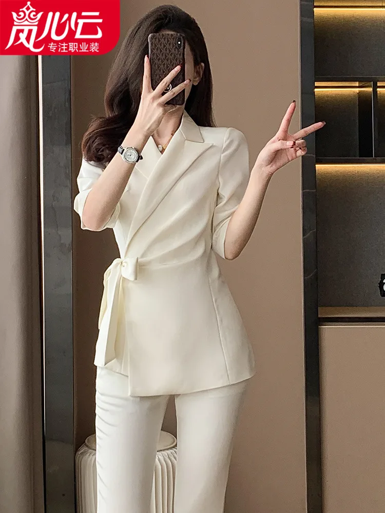 

Pink Lace-up Summer High-Grade Suit Women's Professional Casual Fashion Temperament Cropped Pants Two-Piece Suit