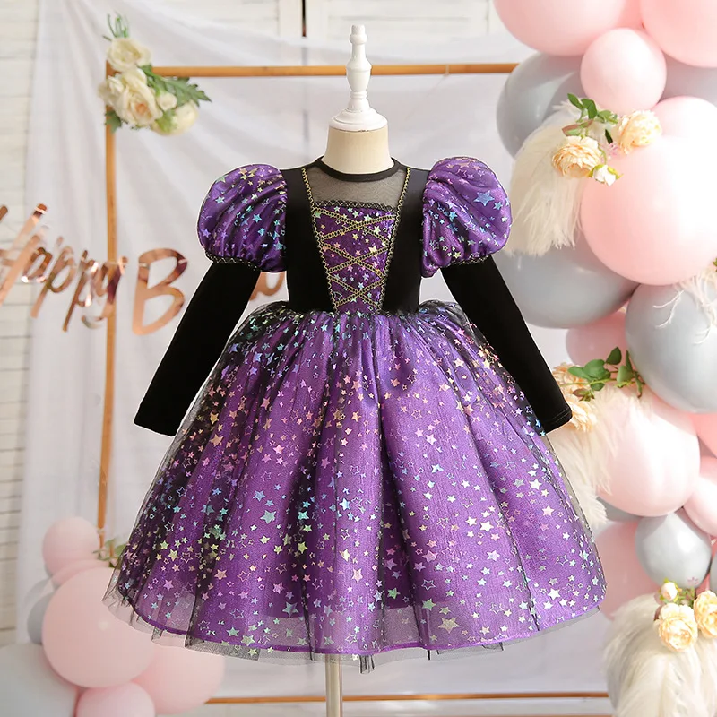 Girls' Purple Black Tutu Dress with Starry Mesh Sleeves,Halloween Party Princess Gown,Kids' Halloween Costume Set