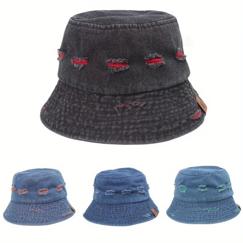 Solid Colour Washed Denim Retro Bucket Hat Big Brim Shabby Street Fisherman Hat Outdoor Sports Cycling Travel Sunscreen Sun Hat