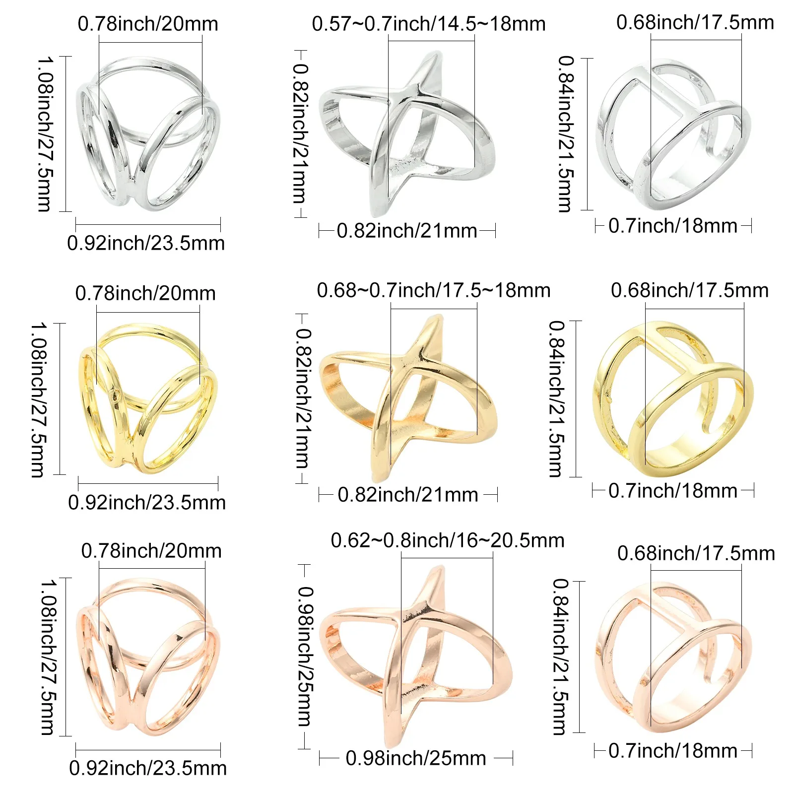 18Pcs Silver Golden Rose Color X Shaped Fashion Scarf Rings Three Rings Simple Scarves Buckles for Clothing Decor Supplies