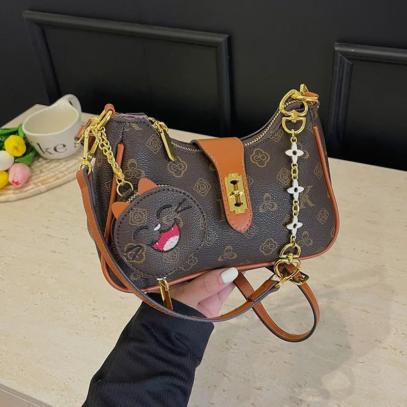 Women Vintage Monogram Hobo Shoulder Bag, Retro Crescent Crossbody Purse with Heart Chain Detail, Two Color Options Ladies Handb