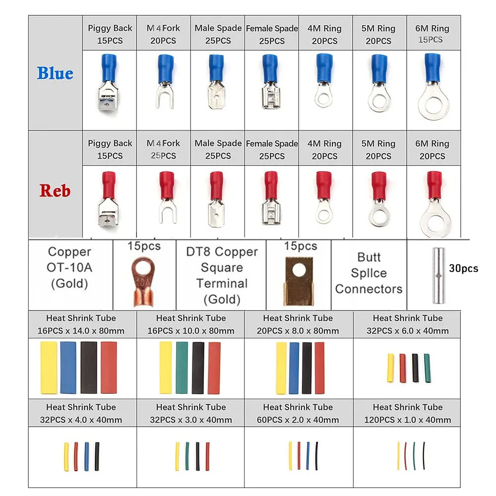 678PCS Heat Shrink Tube Sleeving Set Car Electrical Wire Terminals Insulated Ring Fork Set Ring Lugs Rolled Crimp with Pliers