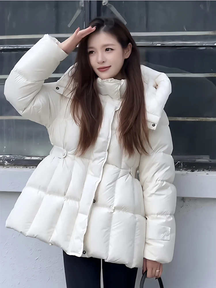 

Winter Puff Hooded Mid Length Down Jacket Female Thicken Warm Jackets Women White Duck Down Waterproof Zipper Parker Outwears