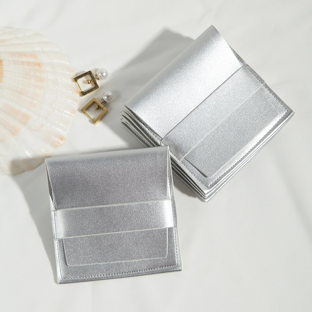 Personalized 8x8cm Silver PU Leather Jewelry Packaging Pouches Small Ring Earrings Necklace Wedding Favors Gift Bag Organizer