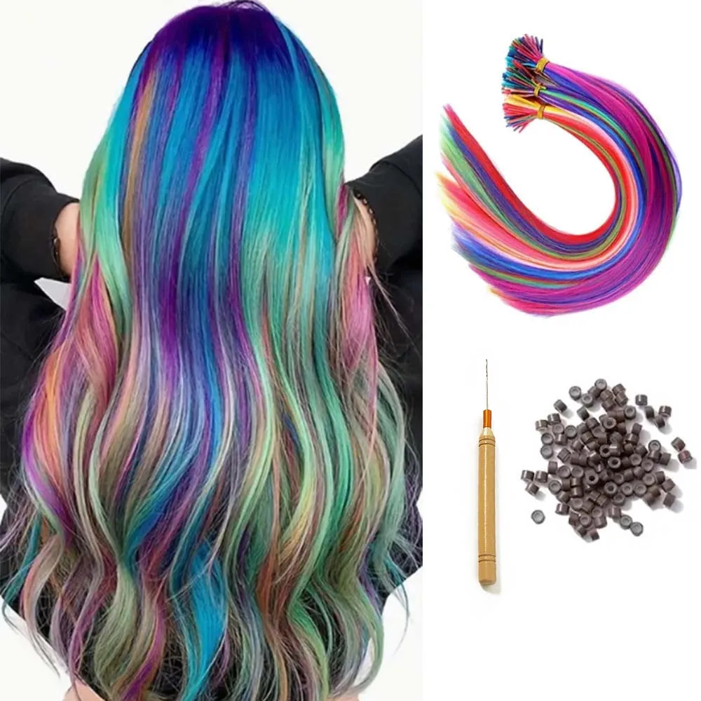 

16-дюймовый комплект для наращивания волос радуги, синтетический цвет, наращивание волос с палочкой, женские микробусины, женский косплей