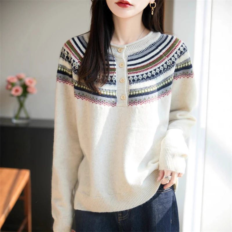 

Ethnic Style Semi-open Neck Sweater Retro Jacquard Geometric Sweater Autumn Winter Loose Pullover Long Sleeve Casual Lazy Tops