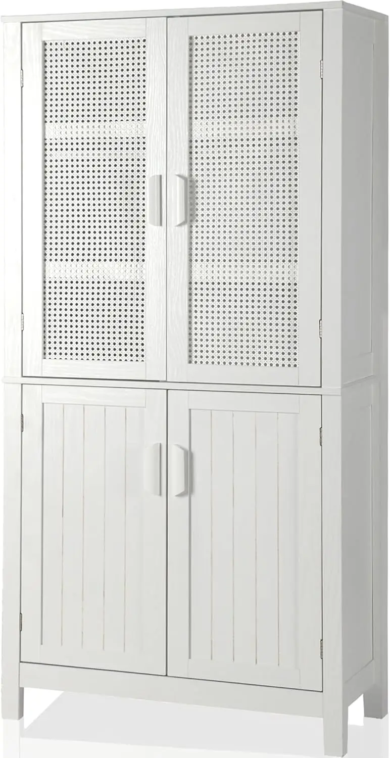 71" Küchen-Speisekammer-Aufbewahrungsschrank, hoher Aufbewahrungsschrank mit Rattan-Türen und verstellbaren Regalen, freistehender Schrank aus Holz