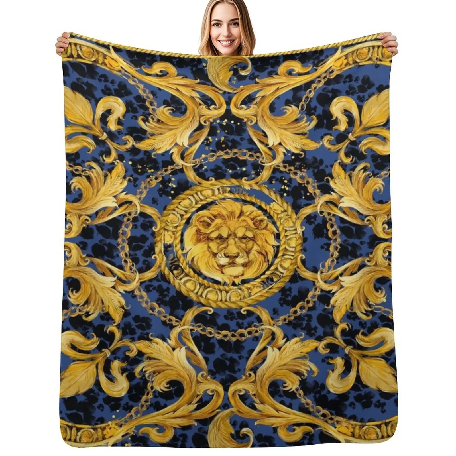 golden lion and damask ornament. Throw Blanket Anti Shedding Soft Fuzzy Blanket for Home