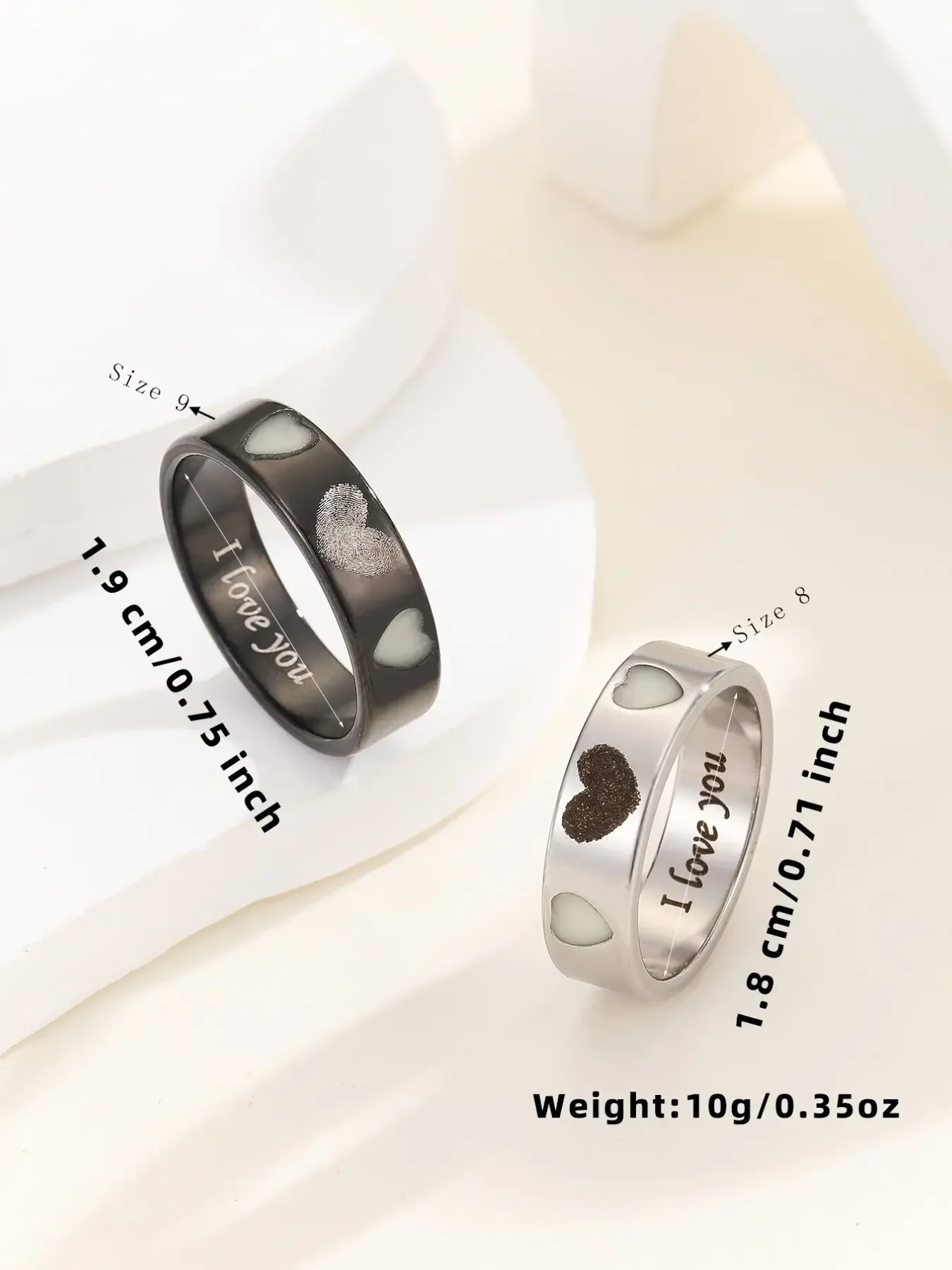 Glow in the Dark Heart Fingerprint Couple Rings, Heart Shaped Ring, Heart Signet Ring, Fashion Heart Rings, Cute Romantic Gift for Couples, Unisex Jewelry for Love Confession, Anniversary Ring, Beautiful Rings, Stainless Steel Rings