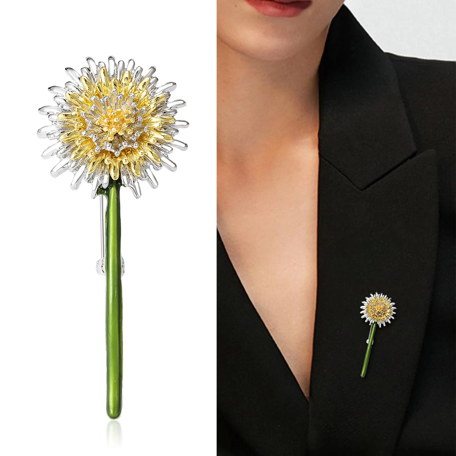 Yellow Flower Green Stem Dandelion Brooch, A Niche Design For Women, Personalized Brooch For Clothing, Anti-light Leakage Pin Ac