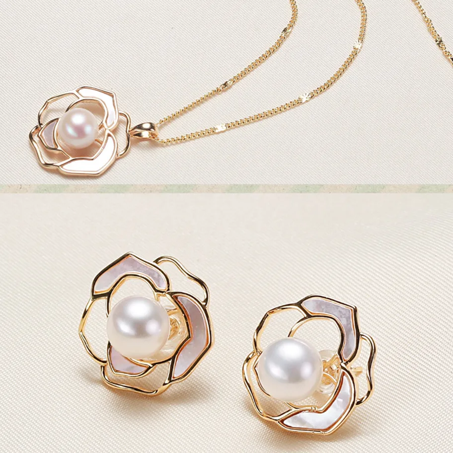 

Natural Freshwater Pearl Jewelry Sets & More Romantic Flower Necklace 18K Gold Earrings for Women Gifts