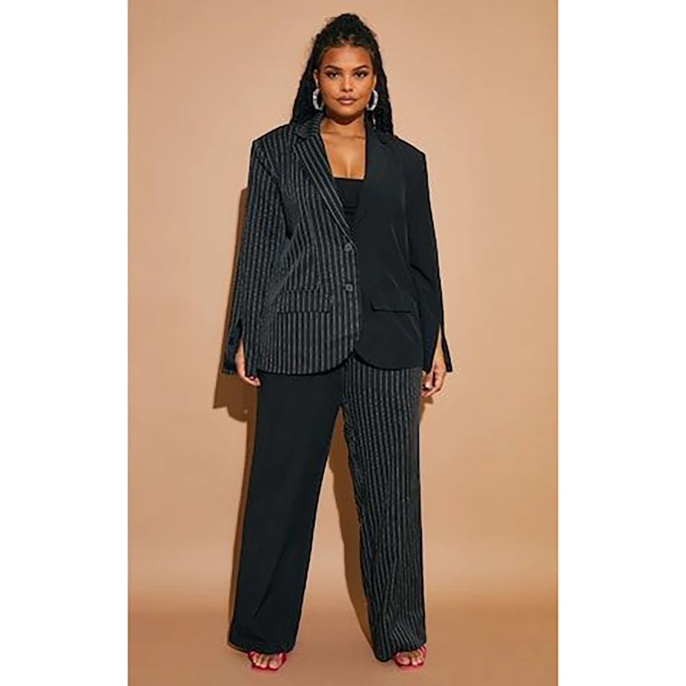 Black Women Suit Single-breasted Peaked Lapel Two Pieces(Jacket+Pants) Plus-size Striped and Solid Color Paneled Casual Set