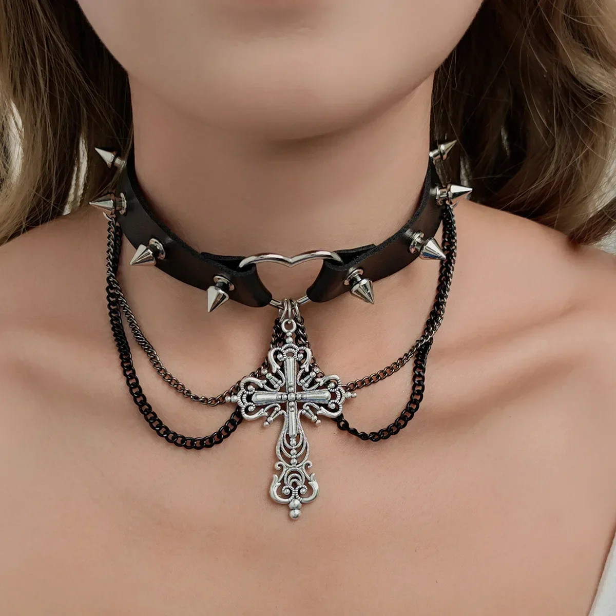 Dark Hip hop Rock and roll Individuality Sense of design Exaggerate Punk Gothic Cross Spider Tassel Leather Rivet Pendant Choker