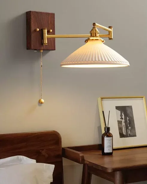 #Ceramic wall lamp with charging and telescopic rocker arm for bedside reading in the master bedroom