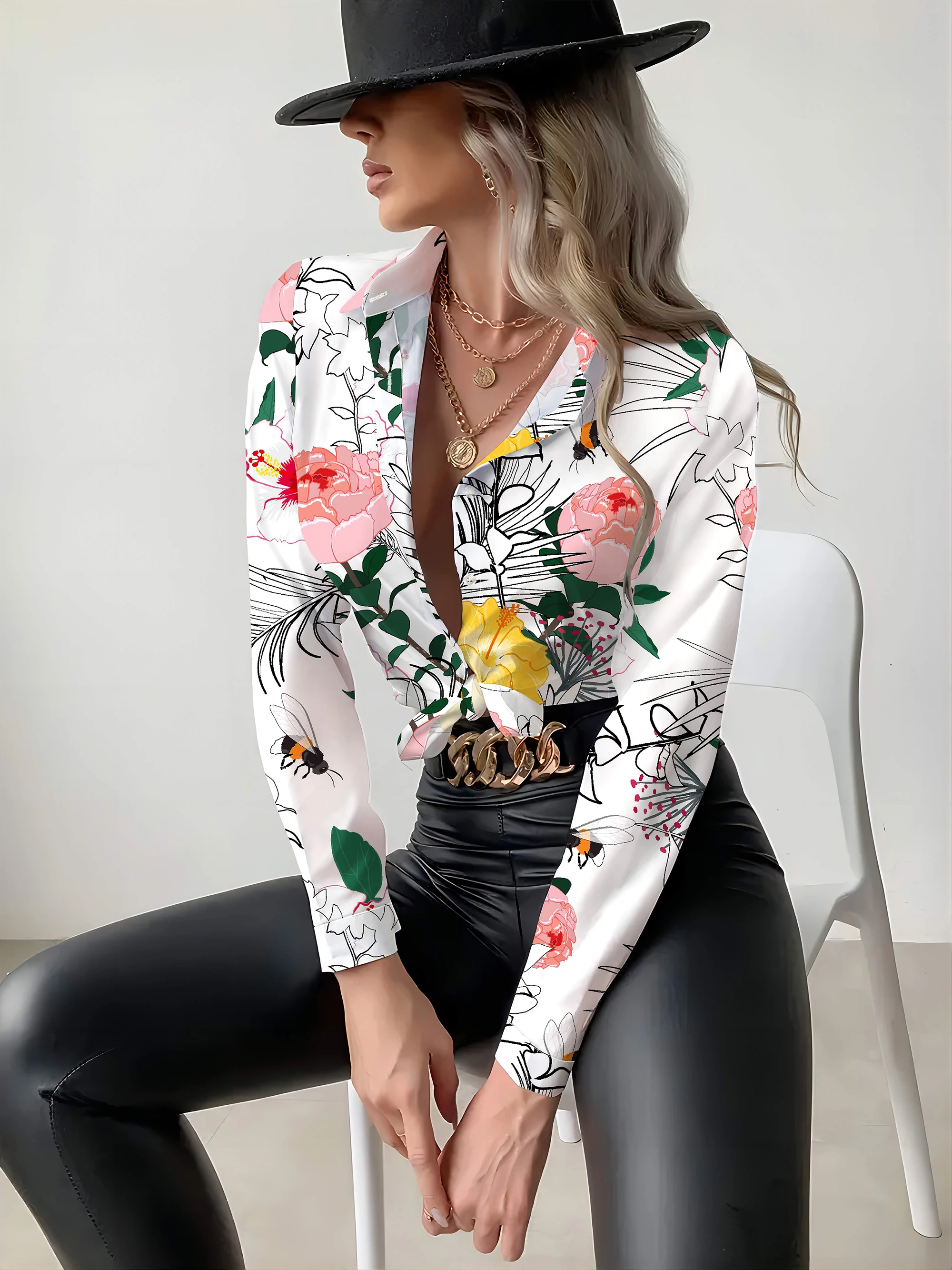 

2024 Spring Summer Ladies Floral Printed Front Button Up Shirt, Casual Long Sleeve Shirt Flip Collar Tops Breathable Soft Brande