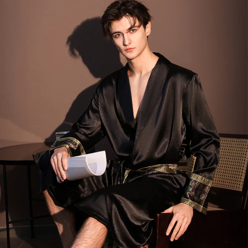 Luxury Silky Satin Men Robe Kimono Bathrobe Gown Patchwork Sleepwear Home Clothes Loose Casual Male Pajama Loungewear Lingerie