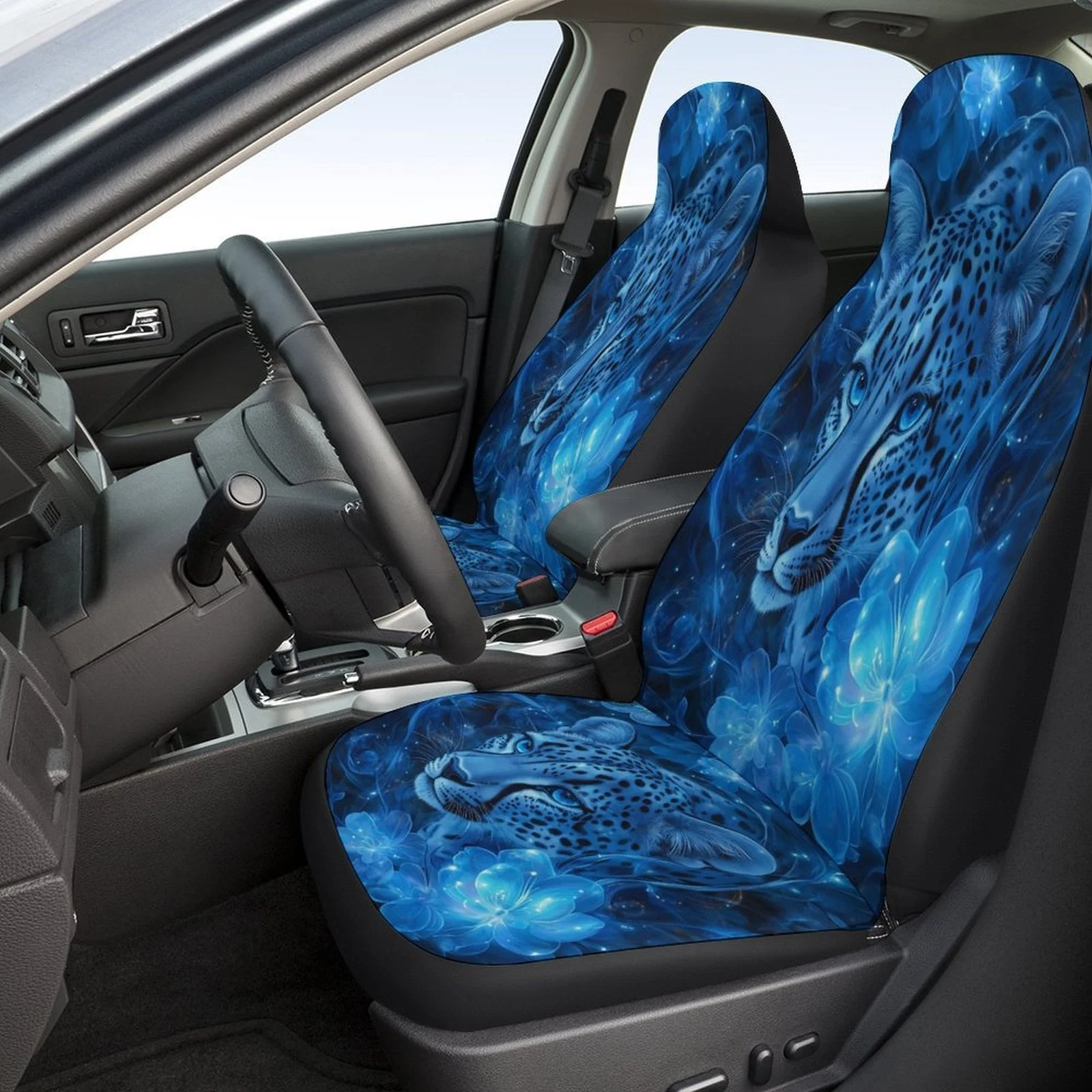 Fit Blue Leopard Print Car Seat Covers Full Set For Most Vehicles - Stylish Blue & Animal Design, Front & Rear Seat Protectors,