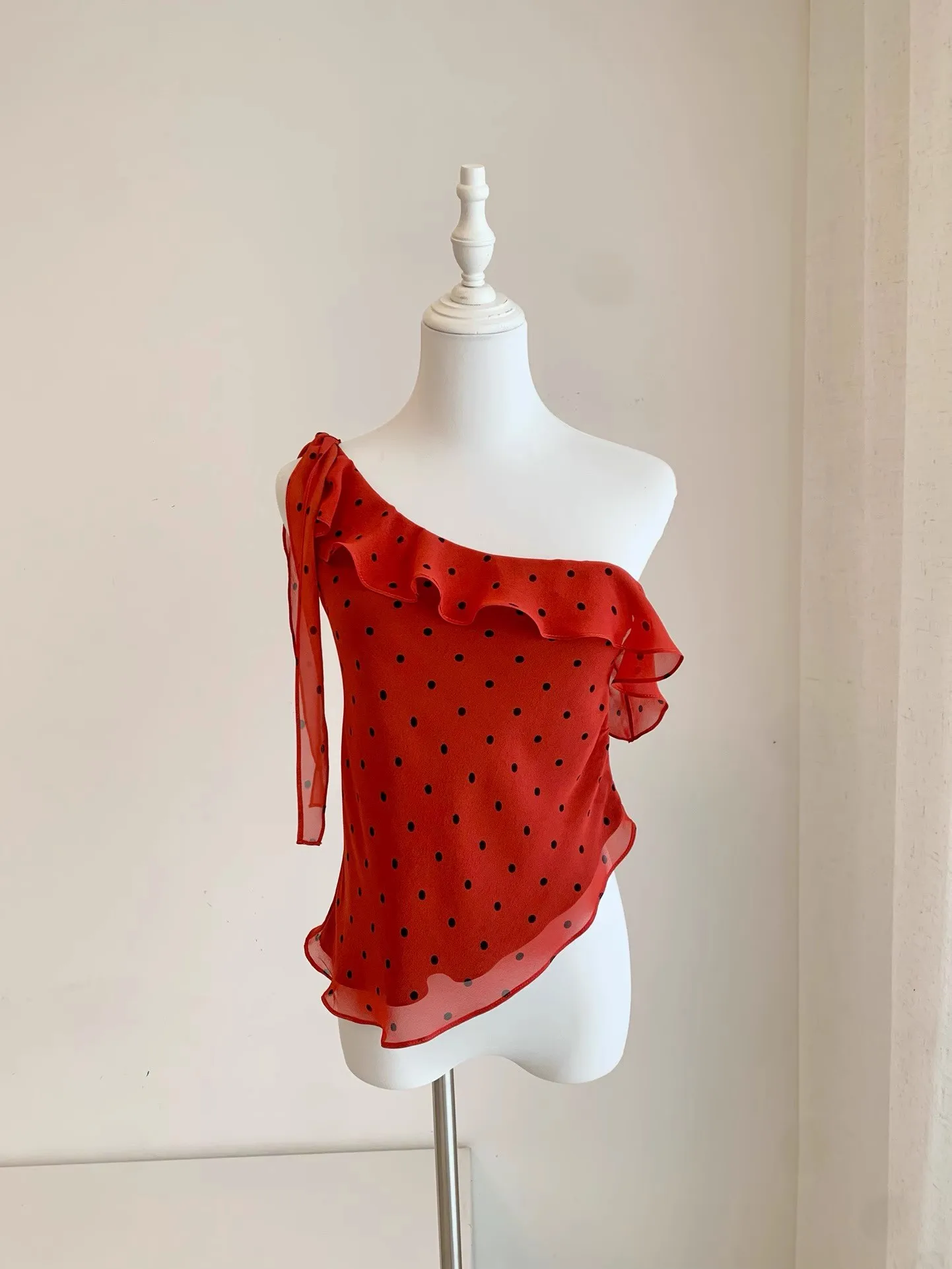

Silk top women's sexy off shoulder ruffled red polka dot printed short top