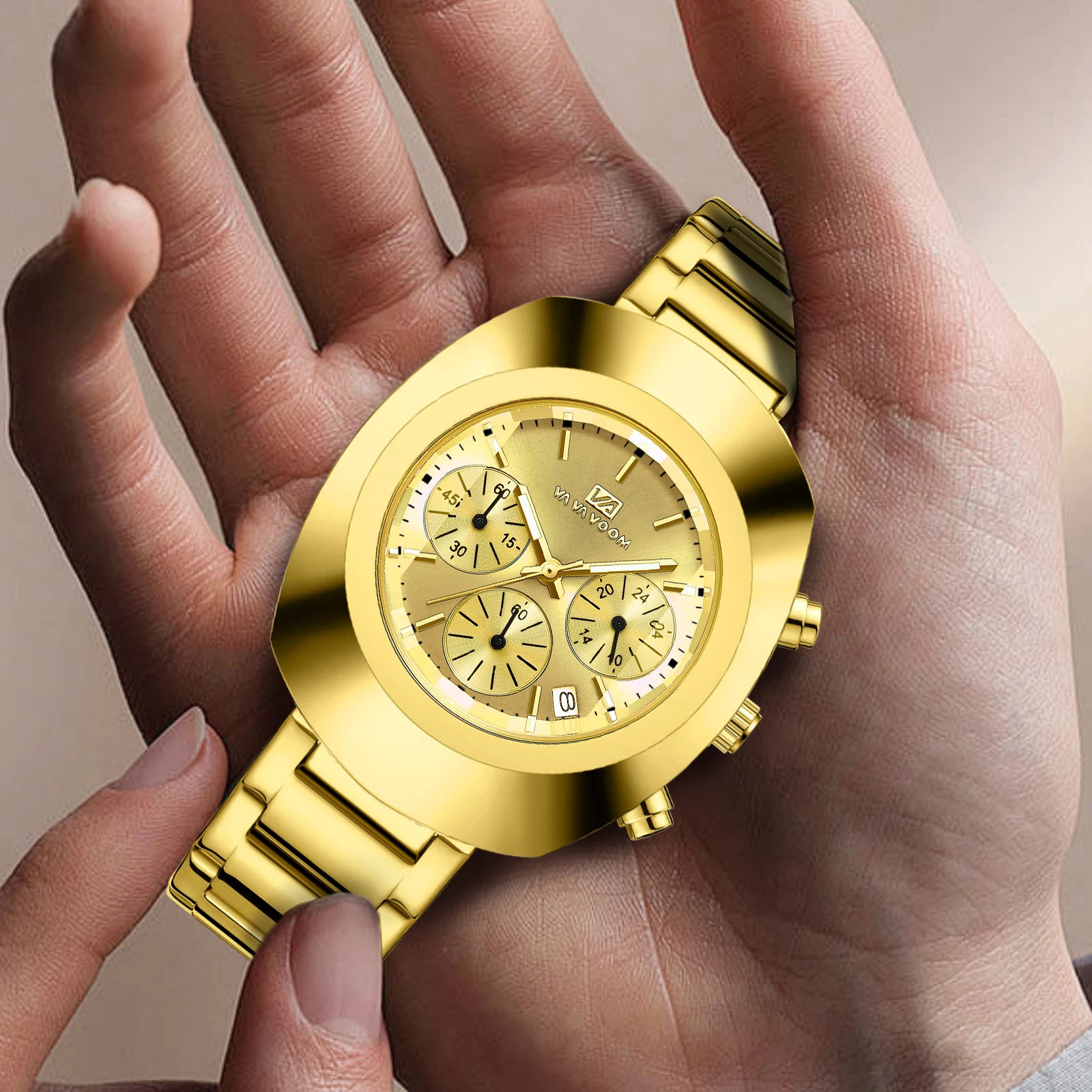 ساعة كوارتز متعددة الوظائف للرجال، حزام من الفولاذ المقاوم للصدأ، نمط عمل ذهبي أزرق، ساعة يد رياضية بيضاوية عصرية