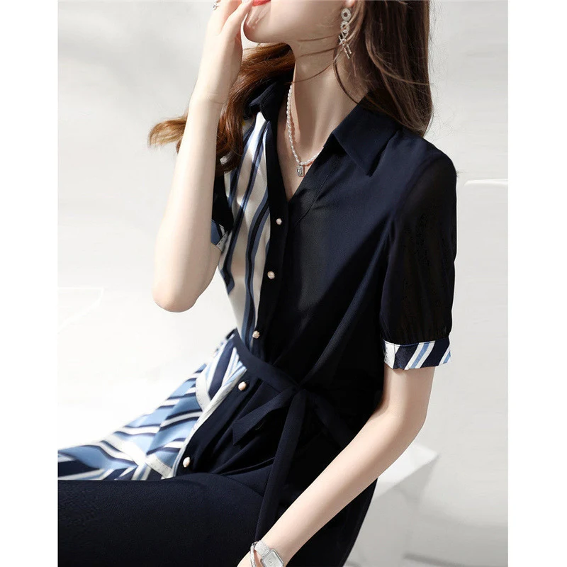 

Summer V Neck Short Sleeve Striped Print Patchwork Button Shirt Elegant Dresses for Women Casual Fashion Slim Lace Up Midi Dress