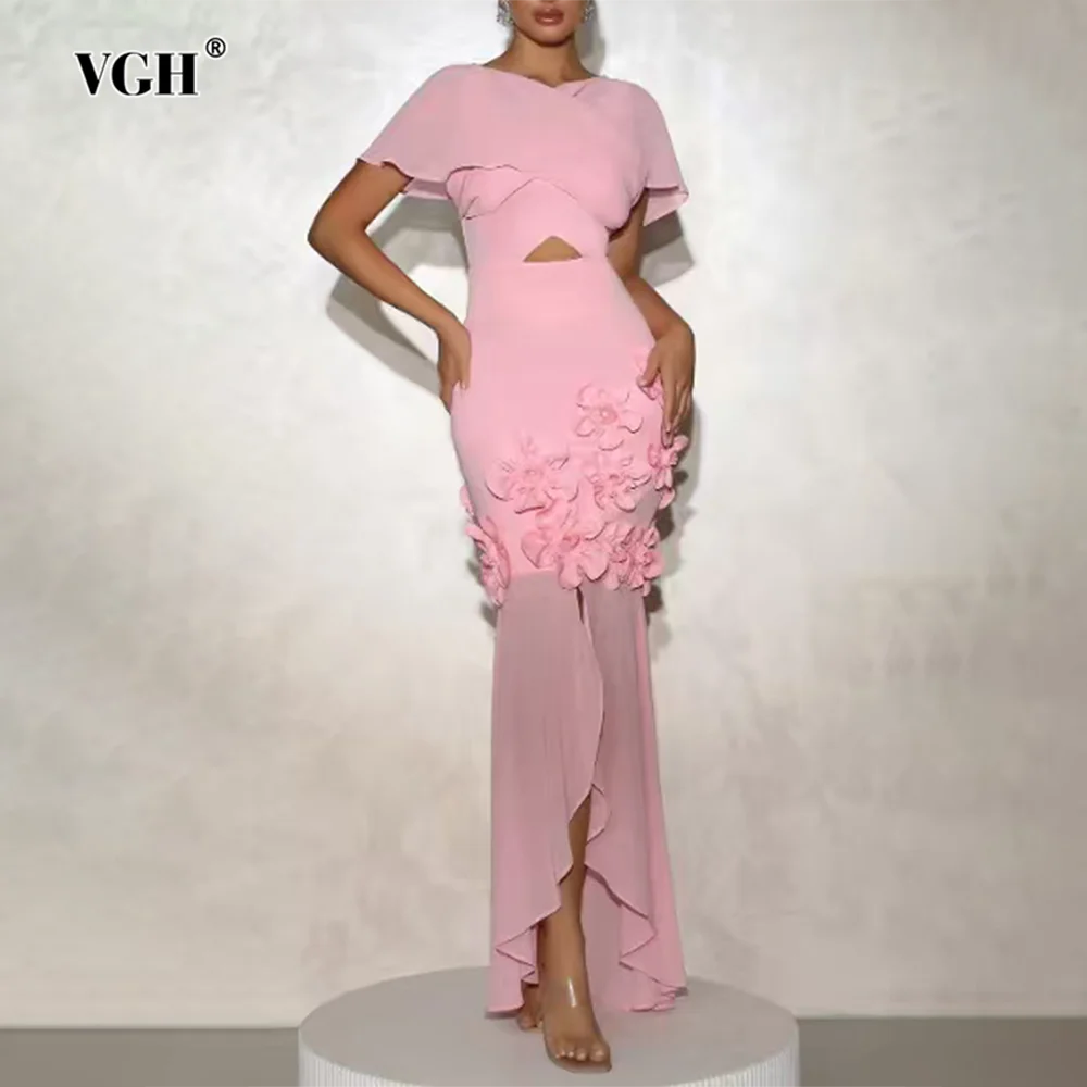 VGH French Elegant Sheer Mesh Dress for Women V Neck Short Sleeve High Waist Spliced Hollow 3D Floral Fishtail Dresses Female