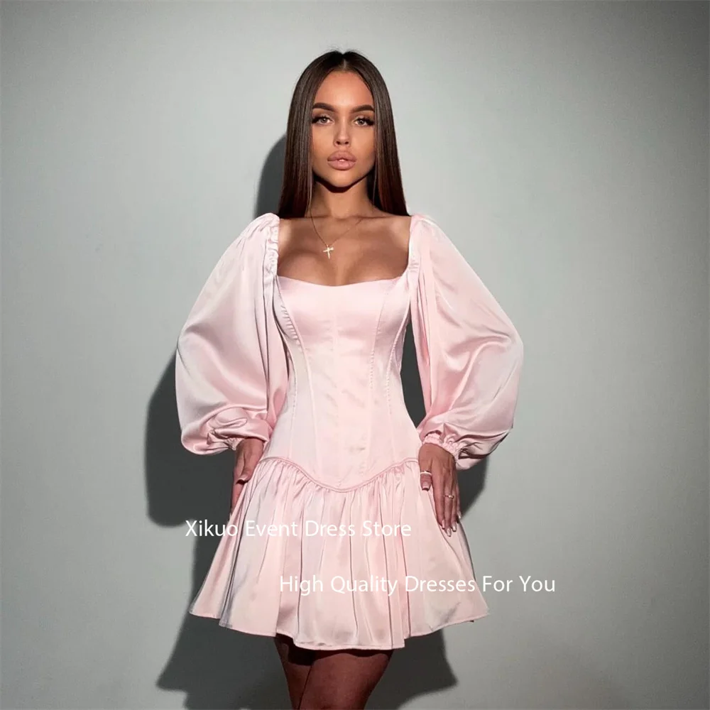 Xikuo атласные платья для выпускного вечера с пышными рукавами и квадратным вырезом на заказ, модные коктейльные платья выше колена по индивидуальному заказу