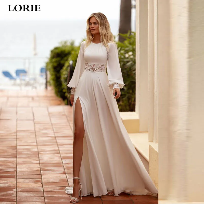 

LORIE Ivory Bohemian Wedding Dresses Long Puff Sleeve Chiffon Bride Dress A Line Vintage Lace Bride Wedding Gowns 2024