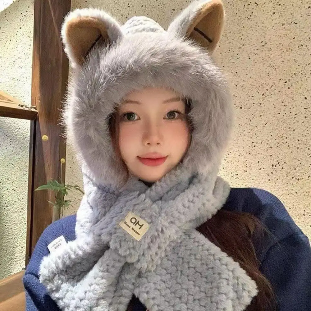 Fox Ear Hat Ultra-thick Windproof Plush Beanie Hat with Fox Ear Design Super Soft Scarf Fashion Winter Headwear for Women Warm