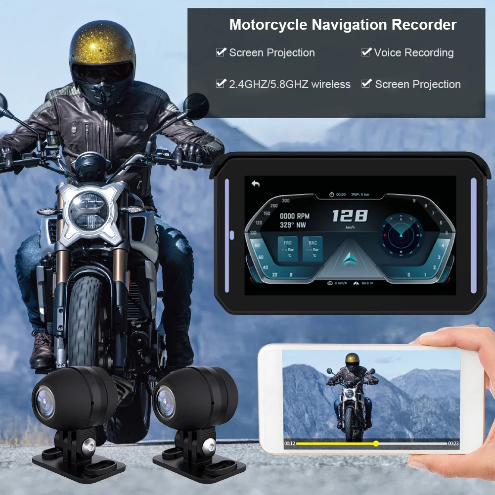 5 Inch Motorcycle GPS Navigator Moto CarPlay Touch Monitor With DVR IPX6 Waterproof Wireless CarPlay Wireless Android Auto