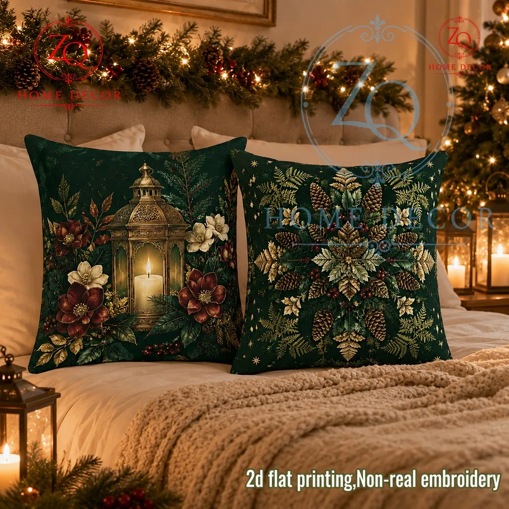 The dark green base color paired with gilded lamps winter floral arrangements pine cone snowflake pterns crees
