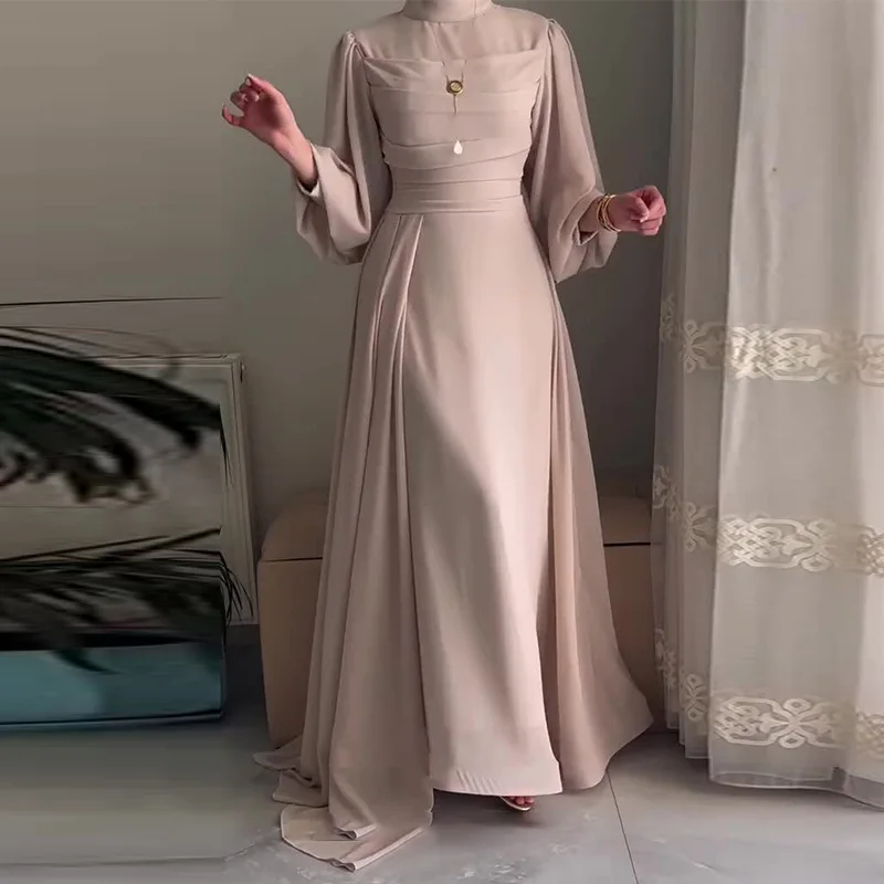 

Элегантное вечернее платье с круглым вырезом и длинными рукавами-фонариками, женское платье с завышенной талией, асимметричное, для повседневной носки, винтажное, однотонное, плиссированное, для банкетов