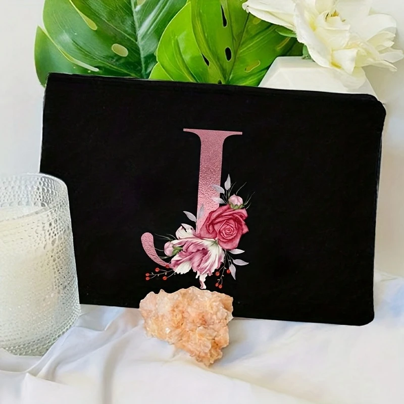 

Floral Print Monogram Cosmetic Bag Black Polyester Travel Makeup Pouch with Zipper Closure Lightweight Storage Bags