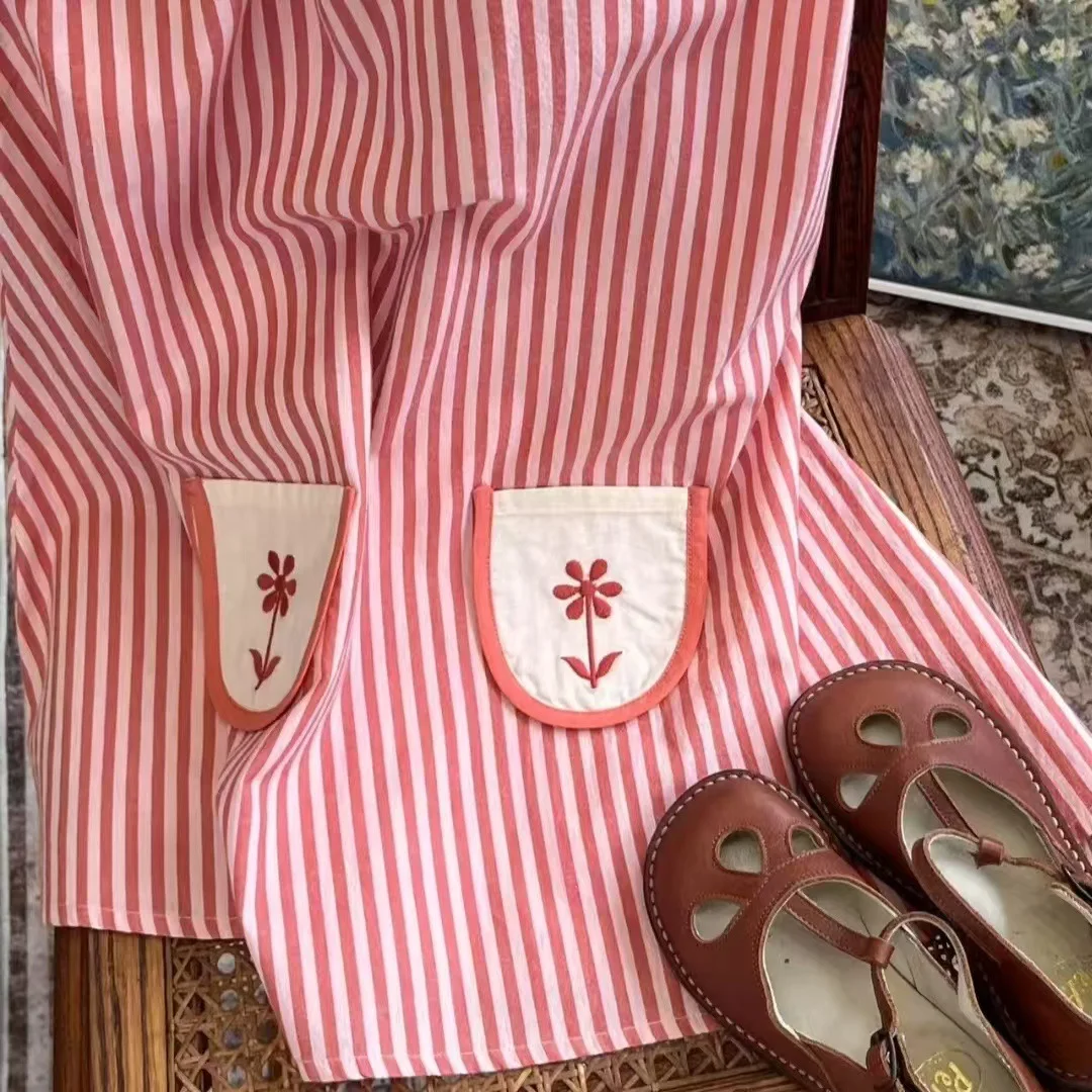 Striped Dress Casual Fashionable Cute and Sweet New Summer Embroidered Petal Collar Striped Sleeveless Dress