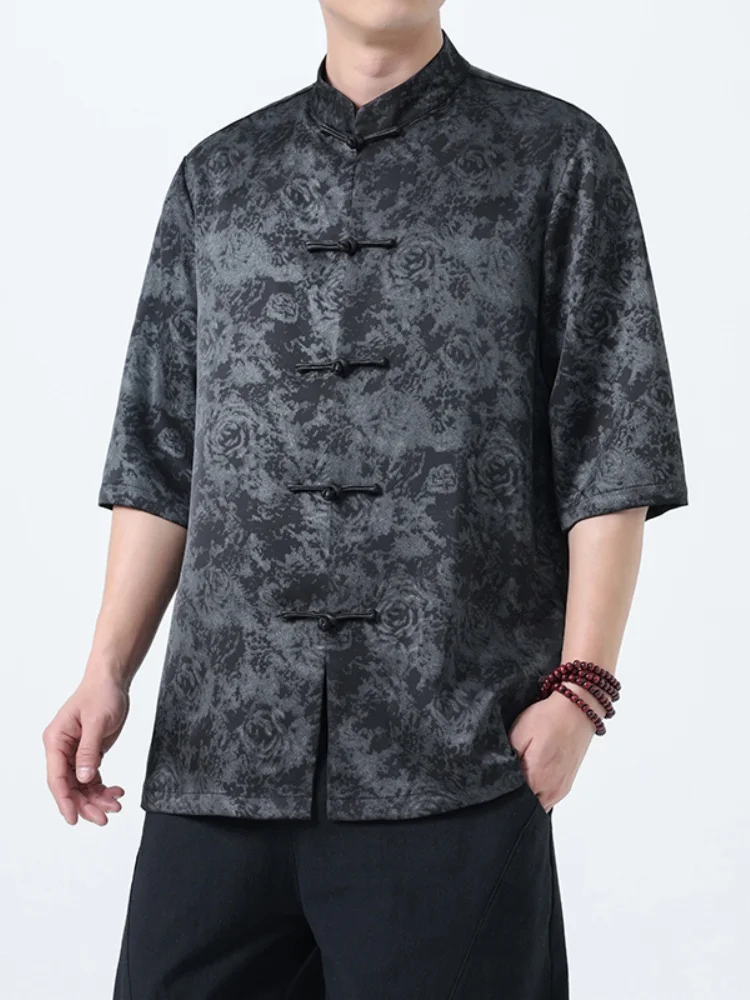 

New Chinese Sle Ice Silk Men's ort Sve irt Thin Summer Breathable Button up Loose Fit Printed Youth Faion T Top