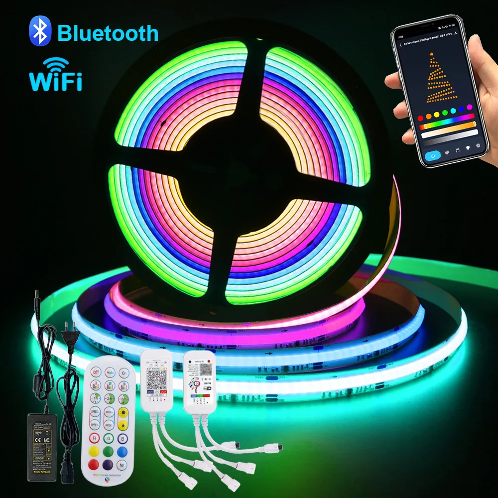 

12V 24V WS2811 RGB COB LED Strip Light Wifi Bluetooth-compatible Remote Control Power Kit 720 LEDs Flex Tape Dimmable Decoration