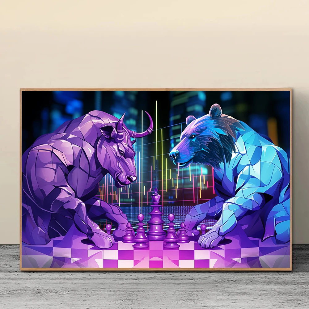Black White Bull Bear Playing Chess Stock Market Chess Poster Canvas Painting Print for Living Room Home Wall Decoration