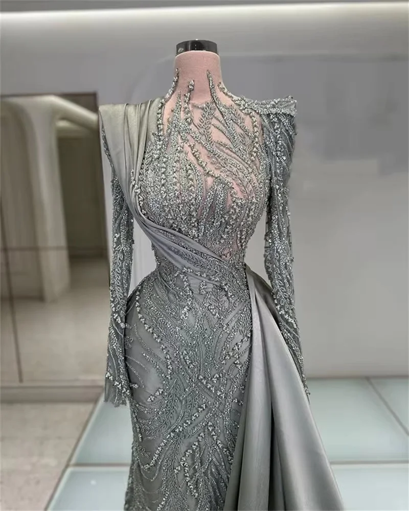 Luxury Middle Eastern Evening Dresses Long Sleeves Beaded Saudi Arabia Dubai Robe De Soiree Prom Dress Gown Customized