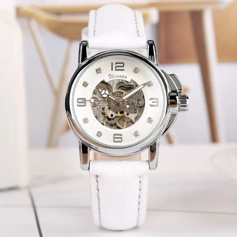 Women\'s Watch Automatic Mechanical Watch Skeleton Wristwatch Self Winding Gifts White Leather Strap Lady Watch