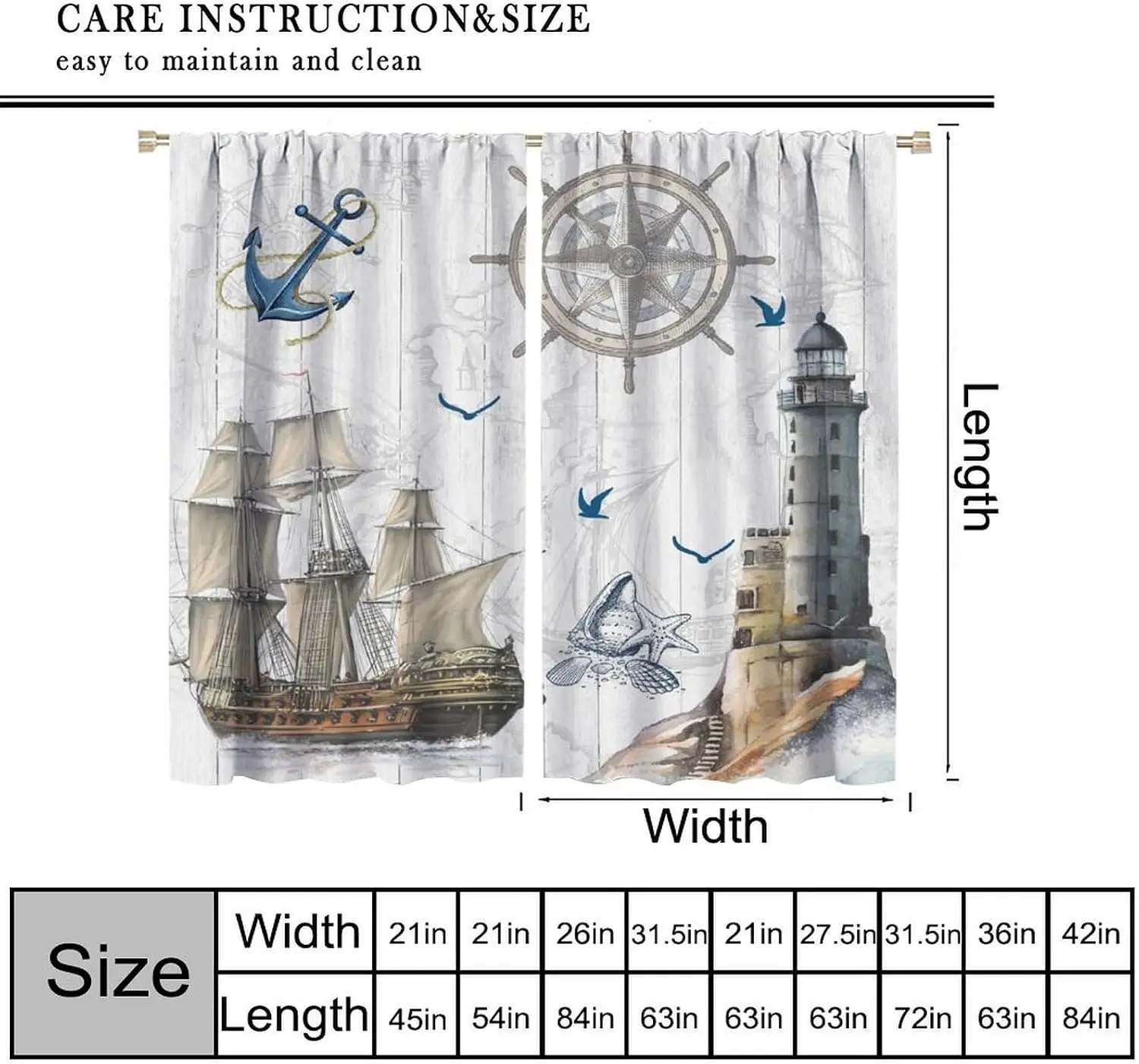 Retro Wood Grain Nautical Curtain Panels, Old Ship Lighthouse Anchor Seashell Full Print Drapes For Seaside Apartment Cafe Decor